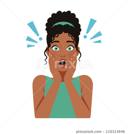 Surprised woman with curly hair and teal headband in shocked expression vector illustration Surprised woman with curly hair and teal headband in shocked expression vector illustration 128323646