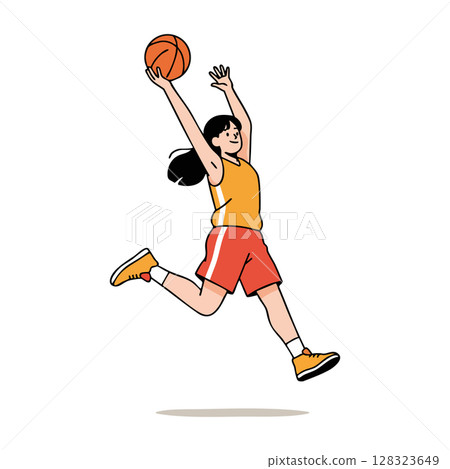 Female basketball player jumping for slam dunk in orange and red sportswear vector illustration Female basketball player jumping for slam dunk in orange and red sportswear vector illustration 128323649