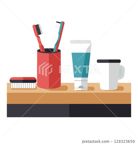 Toothbrushes toothpaste cup and brush on wooden shelf personal hygiene bathroom essentials vector illustration Toothbrushes toothpaste cup and brush on wooden shelf personal hygiene bathroom essentials vector illustration 128323650