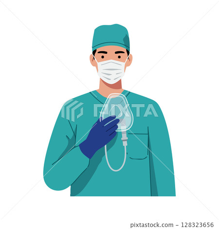 Medical professional holding oxygen mask wearing surgical scrubs and mask vector illustration Medical professional holding oxygen mask wearing surgical scrubs and mask vector illustration 128323656