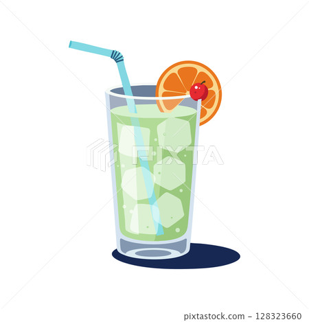 Glass of cold lime green cocktail with orange slice and cherry garnish vector illustration Glass of cold lime green cocktail with orange slice and cherry garnish vector illustration 128323660