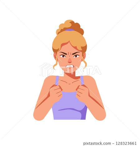 Angry woman with clenched fists and purple top expressing frustration vector illustration 128323661