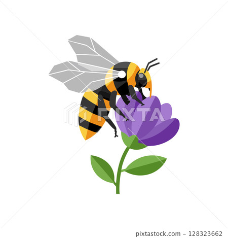 Bee Collecting Nectar from Purple Flower Vector Illustration with Green Leaves 128323662