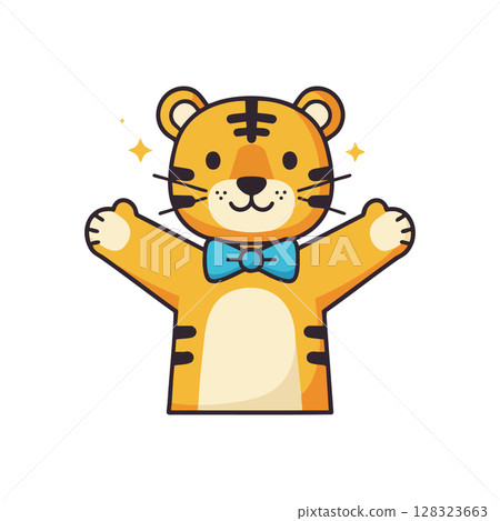 Cute cartoon tiger with blue bow tie cheerful happy animal character vector illustration 128323663