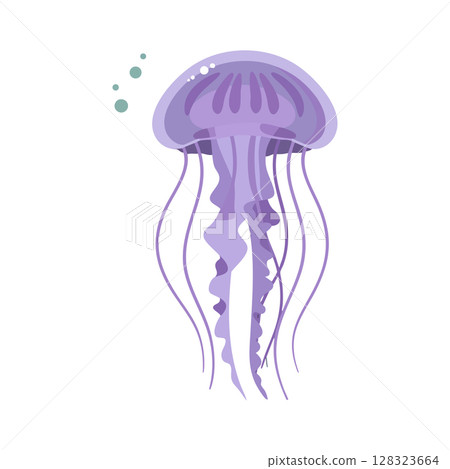 Purple jellyfish underwater sea creature vector illustration with tentacles and bubbles 128323664