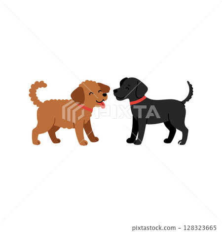 Two happy dogs facing each other with red collars vector illustration 128323665