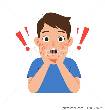 Surprised boy with blue shirt and exclamation marks cartoon vector illustration 128323674