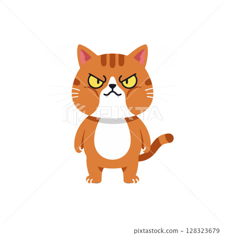 Angry orange cat standing with yellow eyes and white belly vector illustration 128323679