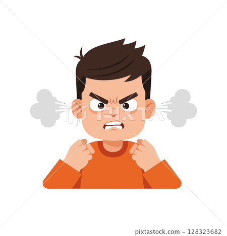 Angry young boy expression with steam coming out from ears vector illustration in orange shirt Angry young boy expression with steam coming out from ears vector illustration in orange shirt 128323682