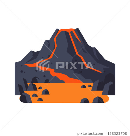 Volcano with lava flowing from crater and rocky terrain vector illustration Volcano with lava flowing from crater and rocky terrain vector illustration 128323708