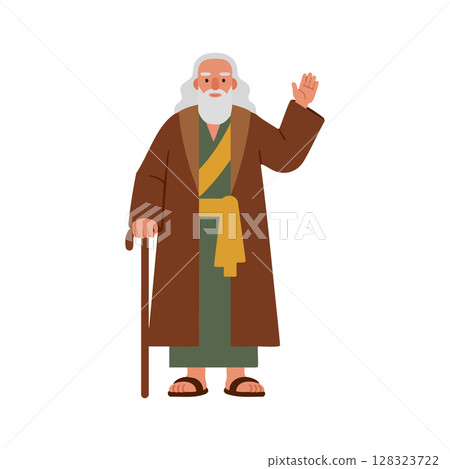 Elderly man with beard wearing brown coat and green robe waving hand vector illustration 128323722