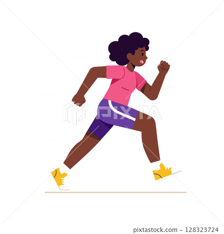 Woman running exercise in pink shirt purple shorts yellow shoes vector illustration 128323724