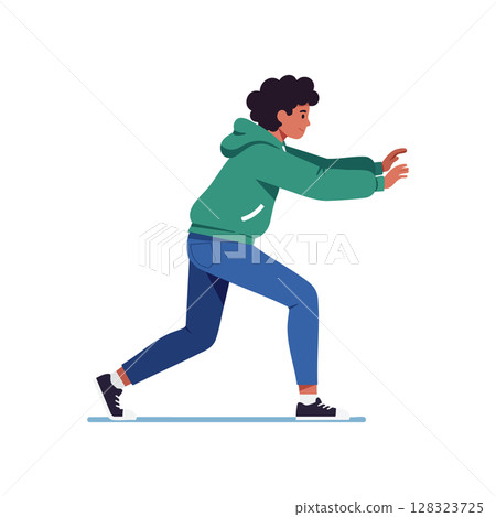 Young man stretching exercise in green hoodie and blue pants vector illustration 128323725
