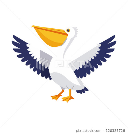 Pelican bird with yellow beak and blue wings spreading wings vector illustration 128323726