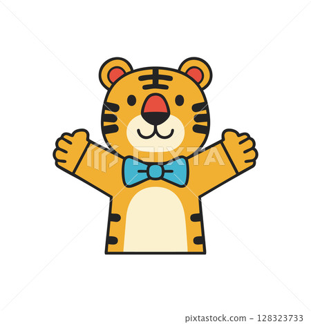 Cute tiger with blue bow tie cartoon character vector illustration for children and wildlife themes Cute tiger with blue bow tie cartoon character vector illustration for children and wildlife themes 128323733