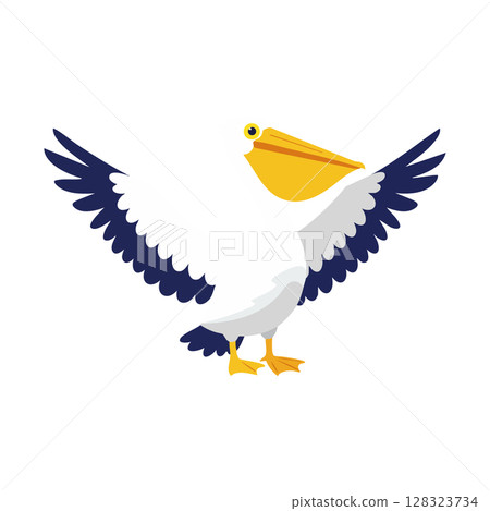 Pelican Bird Vector Illustration with Open Wings in Cartoon Style for Wildlife Design Pelican Bird Vector Illustration with Open Wings in Cartoon Style for Wildlife Design 128323734