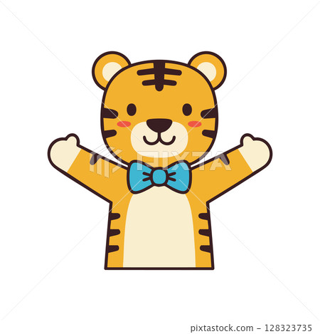 Cute tiger character with blue bow tie cartoon vector illustration for kids content Cute tiger character with blue bow tie cartoon vector illustration for kids content 128323735