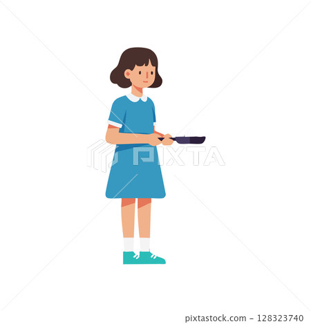 Girl Holding Frying Pan Wearing Blue Dress and Sneakers Vector Illustration 128323740
