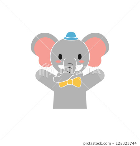 Cute elephant character with blue hat and yellow bow tie cartoon vector illustration 128323744