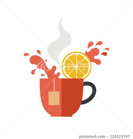 Hot tea cup with lemon slice and tea bag illustration in warm colors vector design 128323747
