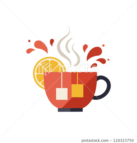 Hot tea cup with lemon slice and tea bags in red and orange colors vector illustration Hot tea cup with lemon slice and tea bags in red and orange colors vector illustration 128323750