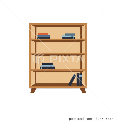 Wooden bookshelf with scattered books modern home furniture vector illustration 128323752