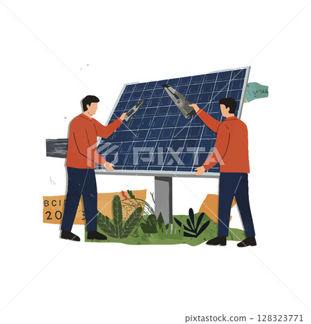 Two workers installing solar panel for renewable energy sustainable power system 128323771
