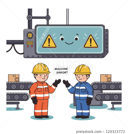 Factory workers discussing machine error alert on conveyor belt industrial setting vector 128323772
