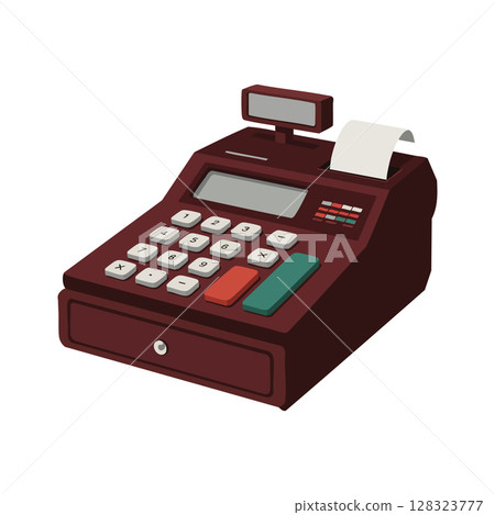 Vintage cash register with receipt roll and colorful buttons in brown tones vector illustration Vintage cash register with receipt roll and colorful buttons in brown tones vector illustration 128323777