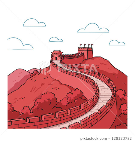 Great Wall of China red landscape illustration with winding path and towers vector Great Wall of China red landscape illustration with winding path and towers vector 128323782