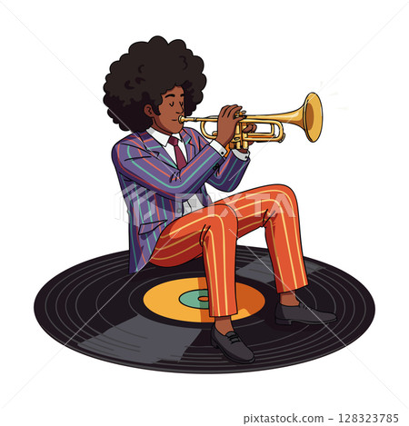 Afro man playing trumpet sitting on vinyl record music and jazz theme vector illustration 128323785