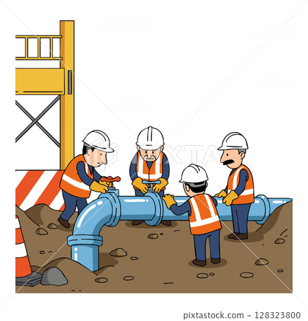 Construction workers installing blue pipeline with safety gear at worksite vector illustration 128323800
