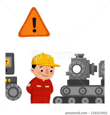 Factory worker in red uniform with yellow helmet near industrial machinery warning sign vector illustration 128323802