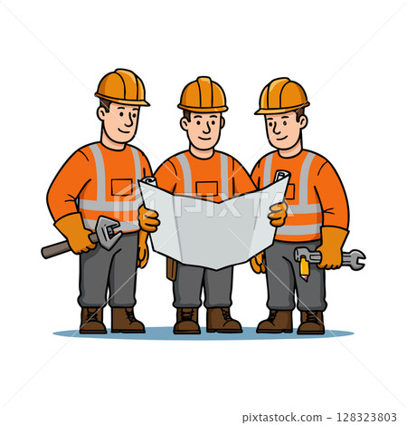 Construction workers team reviewing blueprint wearing orange safety gear vector illustration 128323803