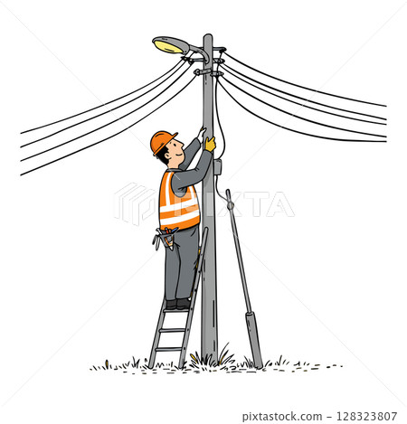 Electrician working on utility pole with ladder orange vest and helmet vector illustration Electrician working on utility pole with ladder orange vest and helmet vector illustration 128323807