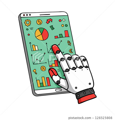 Robotic hand interacting with digital tablet showing financial charts and graphs vector illustration Robotic hand interacting with digital tablet showing financial charts and graphs vector illustration 128323808