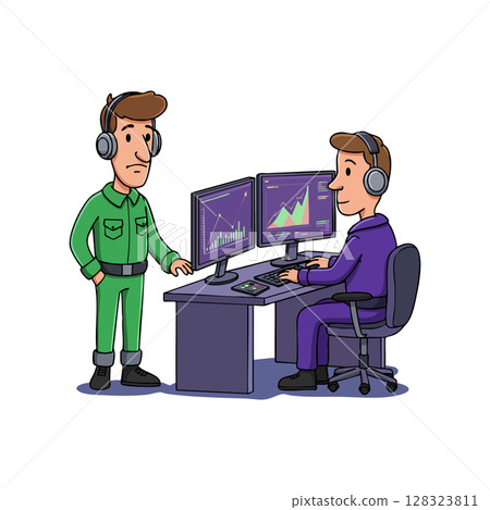 Two men working with dual monitors analyzing graphs in office environment vector illustration 128323811