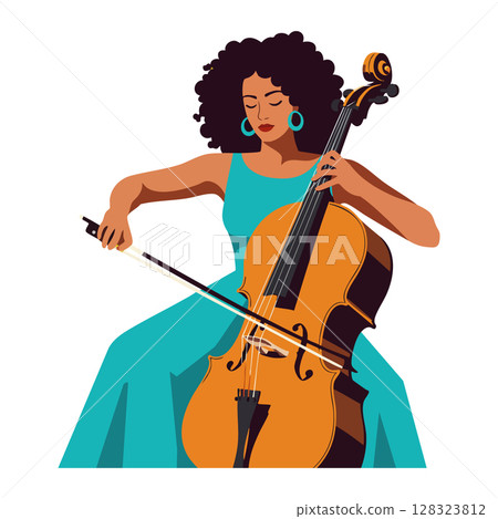 Woman playing cello in turquoise dress with curly hair and earrings vector illustration Woman playing cello in turquoise dress with curly hair and earrings vector illustration 128323812
