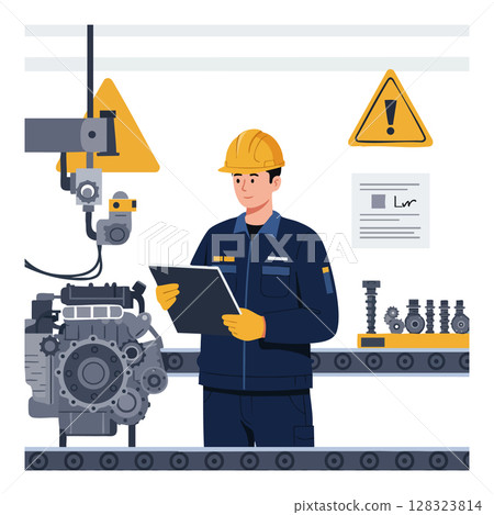 Industrial engineer inspecting mechanical engine parts in factory setting with safety signs 128323814