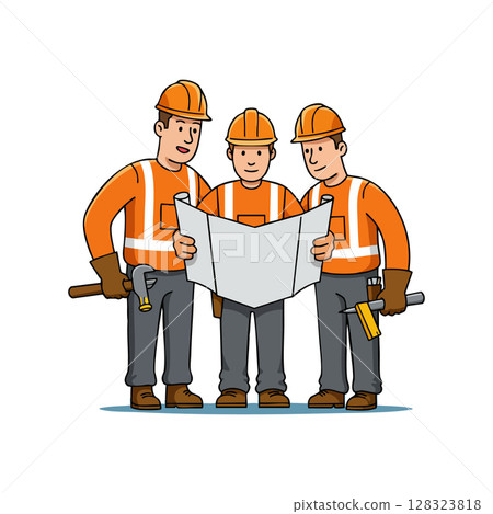 Construction workers holding blueprint wearing orange safety gear and helmets teamwork concept 128323818