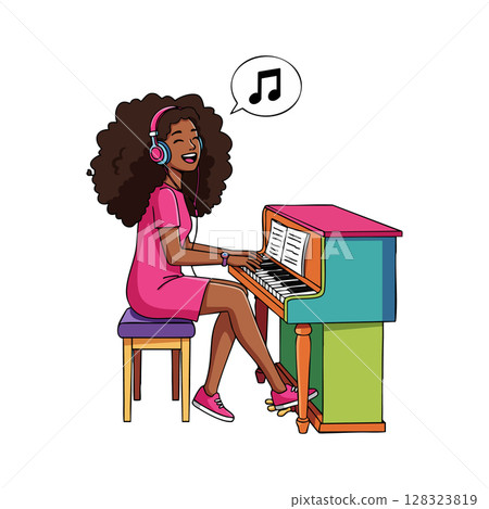 Young woman playing colorful piano and singing with headphones on music hobby scene Young woman playing colorful piano and singing with headphones on music hobby scene 128323819