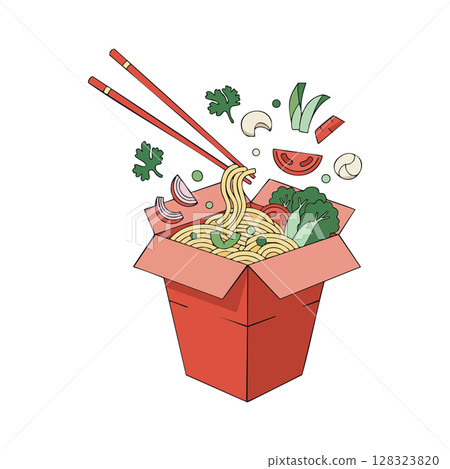 Asian-style takeout box with noodles and fresh vegetable ingredients vector illustration Asian-style takeout box with noodles and fresh vegetable ingredients vector illustration 128323820