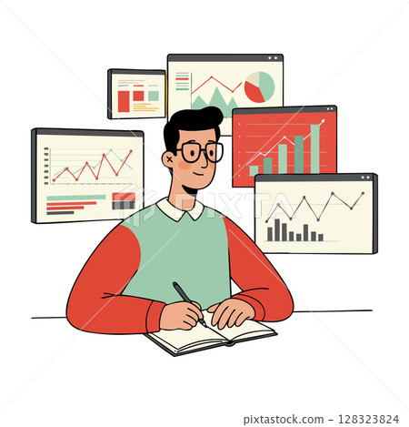 Businessman analyzing financial data charts and graphs in office environment vector illustration 128323824