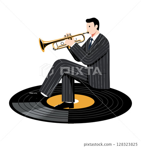 Man playing trumpet sitting on large vinyl record music concept vector illustration 128323825