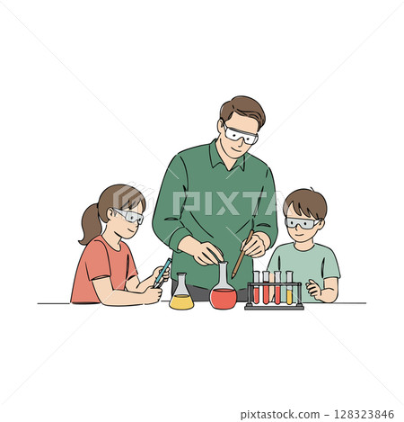 Family conducting chemistry experiment with test tubes and safety goggles vector illustration 128323846