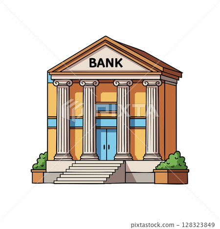 Bank building with classical columns entrance vector illustration in warm colors Bank building with classical columns entrance vector illustration in warm colors 128323849