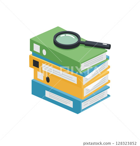 Stack of colorful binders with magnifying glass vector illustration for office organization and research Stack of colorful binders with magnifying glass vector illustration for office organization and research 128323852