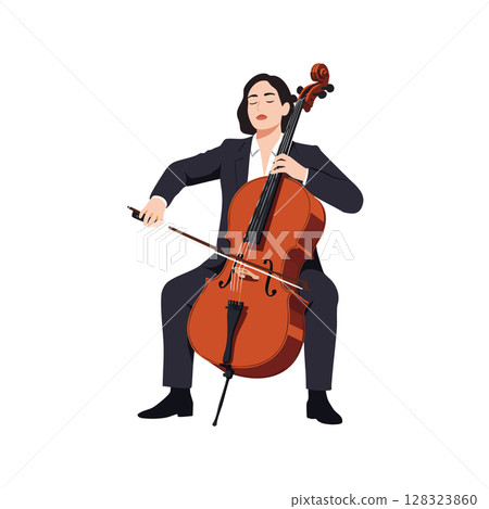 Cellist playing classical cello music with bow in performance posture vector illustration 128323860