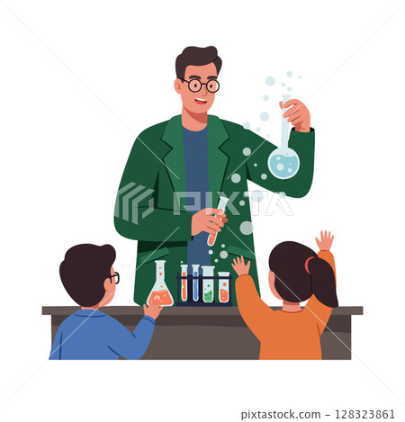 Scientist teaching children science experiment with colorful test tubes and flask in classroom vector illustration 128323861