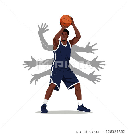 Basketball Player Shooting Ball with Multiple Motion Effect in Blue Jersey Vector Illustration Basketball Player Shooting Ball with Multiple Motion Effect in Blue Jersey Vector Illustration 128323862